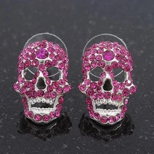 Fuchsia Crystal Dazzling Skull Stud Earrings In Silver Tone - 2cm Tall - Picture 1 of 4