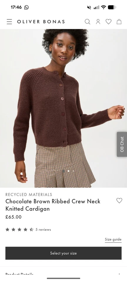 Oliver Bonas Chocolate Brown Ribbed Crew Neck Cardi Size 12 Sealed Brand + Tags - Image 1 of 4