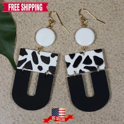 Beautiful Black and White Cow Print Statement Earrings, 18K Gold Ear Wires - Image 1 of 4