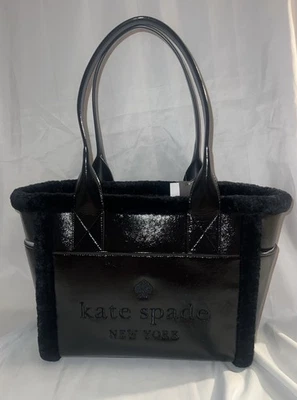 Kate Spade 大号手提包人造剪羊毛 KES17 全新 16x12x6 英寸黑色专利标志 — 第 1/4 张图片