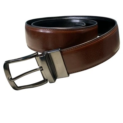 Perry Ellis Reversible Black Brown Leather Gun Mental Buckle Dress Belt Size 30 - Image 1 of 4