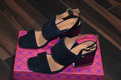 SANDALIA TORY BURCH SELBY BLOCK TACÓN CUERO GAMUZA NEGRO, 7.5 Foto 1 de 4