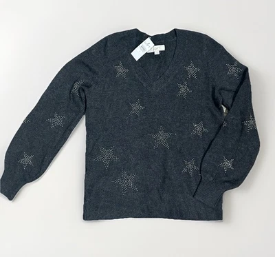 Ann Taylor Loft Gray Silver Stud Star V Neck Sweater NWT Novelty Casual Cozy - Image 1 of 4