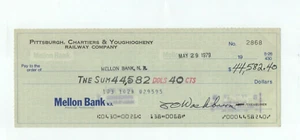 Pittsburgh Chartiers & Youghiogheny Railway check signed treasurer of railroad - Picture 1 of 2