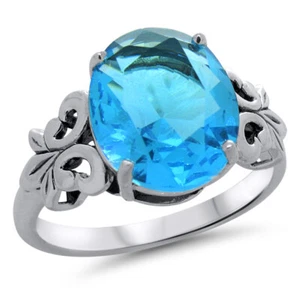 ANTIQUE DESIGN SOLITAIRE 925 STERLING SILVER RING SIMULATED AQUAMARINE #1316 - Picture 1 of 3