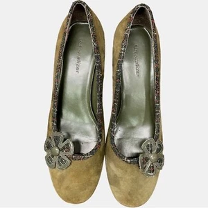 Naturalizer Womens 6 Pumps Kitten Heels Green Suede Plaid Tweed Flower Accent - Picture 1 of 11
