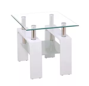 White High Gloss Clear Glass Lamp Coffee Table With Shelf  -  W45 x D55 x H45cm - Picture 1 of 1