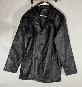 Haband Jacket Men's Black Leather Mosaic Patch Big Button L Pockets - Picture 1 of 7