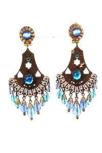 Victorian Fantasy Gypsy Chandelier Blue Crystal 4" x 2" Brass Clip Earrings - Picture 1 of 8