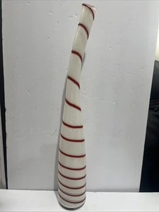 Murano Glass TALL Peppermint Candy Cane Red White Stripe Curved Vase 24” Tall - Picture 1 of 5