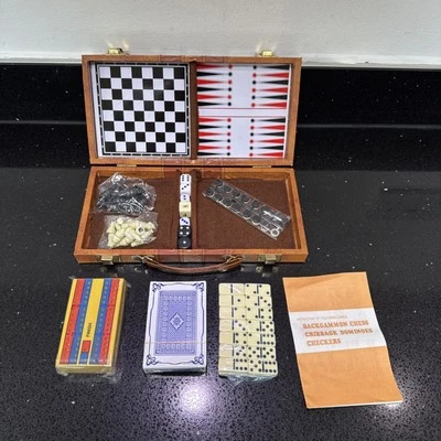 Vintage Backgammon Chess Travel Set handmade in black Travel Case with Dominoes - Image 1 of 4
