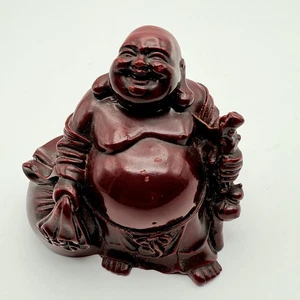 Vintage 2.5” Red Resin Laughing Budda Figurine w/ Staff & Walking Bag - WEAR - Picture 1 of 9