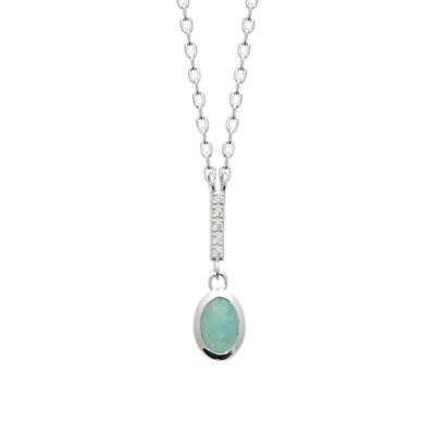 Collana In Argento 925/000 Rodio - Pendente In Zirconio E Amazonite Ovale - Immagine 1 di 3