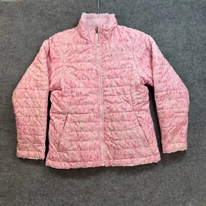The North Face Girl Reversible Mossbud Swirl Jacket Coy Pink Fur Print Sz LArge - Picture 1 of 15
