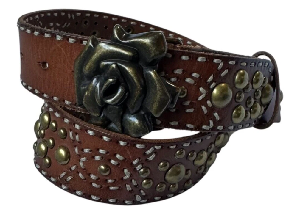 Vintage BETSEY JOHNSON Brown Genuine Leather Floral Buckle Studded Belt Size M - Image 1 of 4