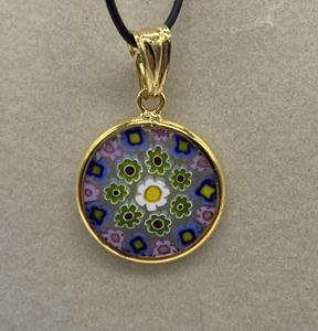 925 Gold-Plated Silver Murano Glass Millefiore 18mm Pendant Italy 1.8g Multi - Picture 1 of 11