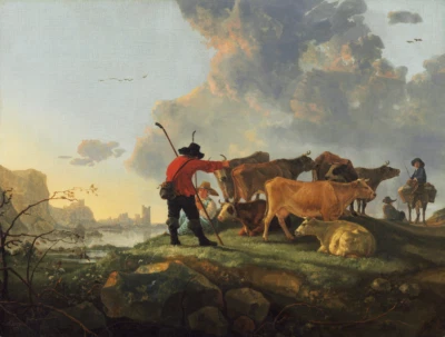 Herdsmen Tending Cattle | Aelbert Cuyp | 1660 Renaissance Farm Life Cow Print - Image 1 of 4