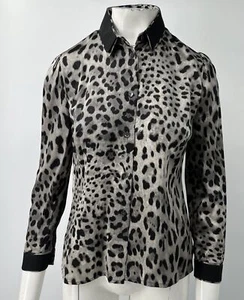 Dolce&Gabbana Gray Animal Print Long Sleeve Black Grosgrain Trim Blouse sz 46 - Picture 1 of 6