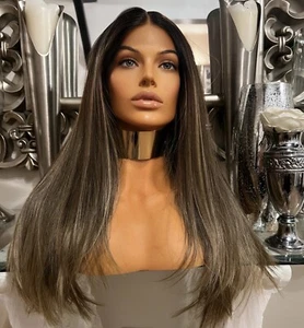 Brown Human Hair Blend Highlights Lace Wig Centre Part brown Lace wig long hair - Picture 1 of 10