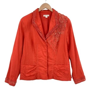 Coldwater Creek Jacket Womens Size 16 Coral Linen Blend Embroidered Snap Button - Picture 1 of 21