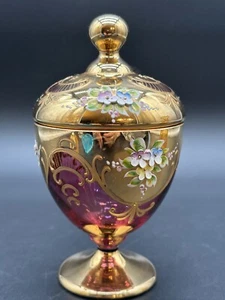 Cranberry Glass Lidded Container Hand Painted Gold Scrolls & Moriage Flowers - Picture 1 of 12