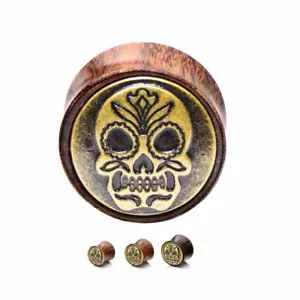 Sugar Skull Ear Gauges Wood & Brass Saddle-Fit Flare Organic Wood Ear Plugs - Picture 1 of 1