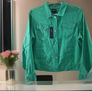 JONES NEW YORK 100% LINEN KELLY GREEN CROPPED TRUCKER JACKET FRONT POCKET M NWT - Picture 1 of 17