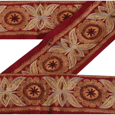 Sanskriti Vintage Sari Border Hand Beaded 1 Yd Indian Trim Sewing Dark Red Lace - Image 1 of 4