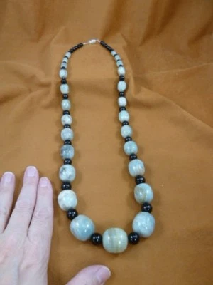 (v55-3) 大号蓝色灰色玛瑙 + 黑色玛瑙串珠宝石 28.5 英寸长项链 — 第 1/3 张图片
