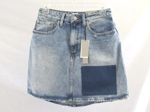 Calvin Klein Mini Denim Skirt 29 A-Line Blue Light Wash Patched Jean Distress - Picture 1 of 11