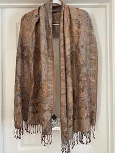 New Multicolor Cejon Reversible Paisley Shawl/ Wrap, Blue, Rust & Brown, 20 x 71 - Picture 1 of 8