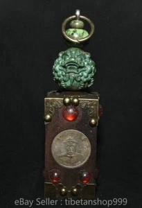 8.4" Old Tibet Wood Inlay Copper Turquoise Dynasty Beast Coin Seal Stamp Signet - Picture 1 of 11