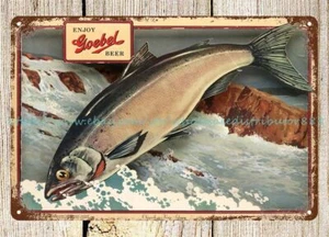 retro liquor BEER SIGN fishing LEAPING KING SALMON 1954 tin sign home decor usa - Picture 1 of 4