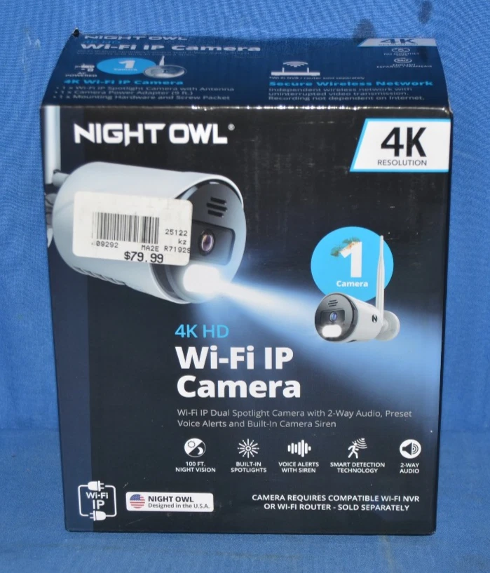 Night Owl Wi-Fi IP 4K HD Indoor/Outdoor 1 Camera with 2-Way Audio - Image 1 of 2