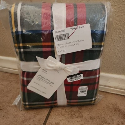 NEW Pottery Barn Stewart Plaid SHERPA Backed Quilted KING Sham IVORY Christmas - Image 1 of 4