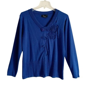 Jenny Knit Sweater Top Womens Size Large Blue Long Sleeve V-Neck Embroidered - Picture 1 of 9