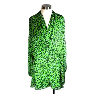 Diane Von Furstenberg Green Silk Chiffon Leopard Print Romper Wrap Front Sz M - Picture 1 of 8