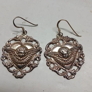 Vintage Cupid Heart Charm Earrings .925 sterling silver 925 7 Grams - Picture 1 of 6