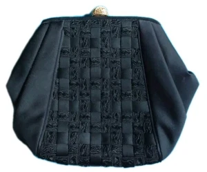 Vintage Sharif U.S.A. Black Satin w/ Woven Patchwork Clutch Evening Shoulder Bag - Picture 1 of 24