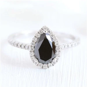 1.84 TCW Pear Cut Black Diamond Halo Engagement Ring in 14K White Gold Finish - Picture 1 of 8