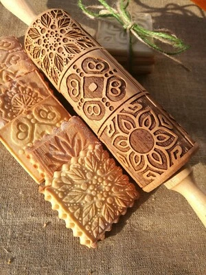 Engraved Wood Rolling Pin Embossed Dough Roller Springerle Mandala Cake Cookie - Image 1 of 4