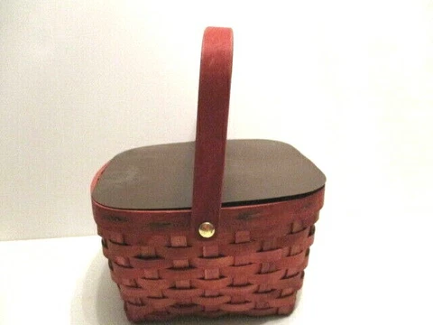 Woven Stain Small Red Wood Basket With Handle & Metal Hinged Top Lid Cover