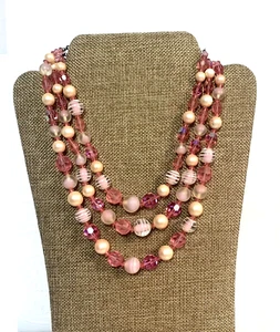 Vintage Necklace Pink Three Strand Lucite & Faux Pearl Choker Adjustable Piece - Picture 1 of 9