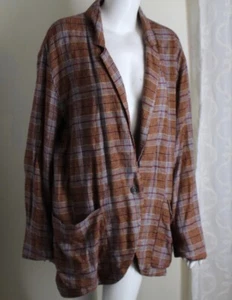 Free People Sz M L Boho Linen Funky Plaid Oversized Maroon Jacket Blazer - Picture 1 of 7