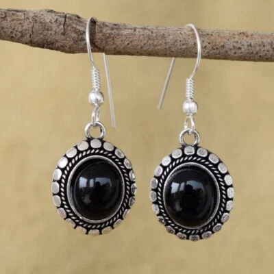 925 Argento Sterling Ovale Nero Onice Artigianale Originale Donna Sottile - Immagine 1 di 4