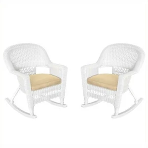 Pemberly Row Rocker Wicker Chair in White with Tan Cushion (Set of 2) - Picture 1 of 1