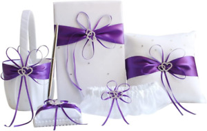 5Pcs Sets Purple Wedding Flower Girl Basket Guest Book Pen with Ring Pillow