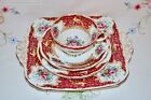 Superb Tea Set Foley Bone China Montrose Red Cake Plate Trio Cup Shelley style