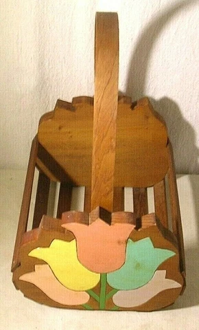 Tulip Basket, Carry Handle, Handmade, oval shaped, Wooden, 9-1/2" Long x 8" Wide Cover