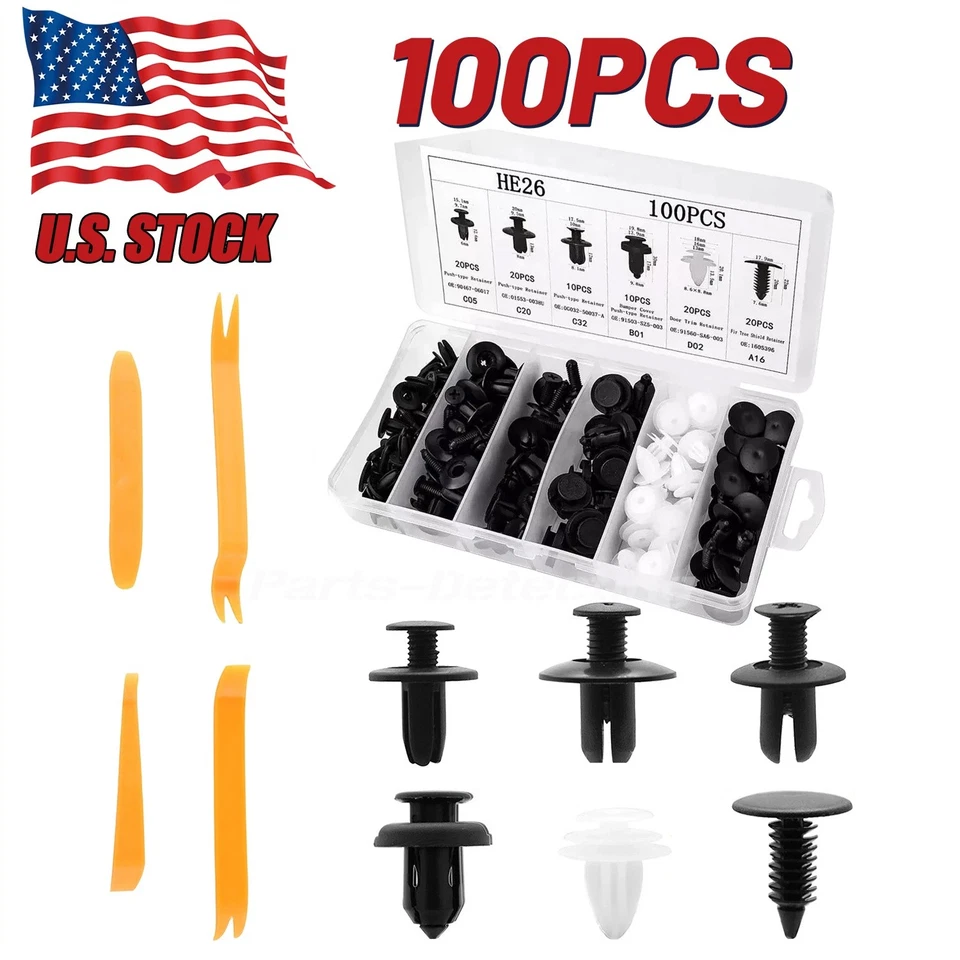 100Pcs Bumper Clips Fender TRIM Car Auto Push Pin Rivet Fastener Panel + 4 Tools - Image 1 of 4